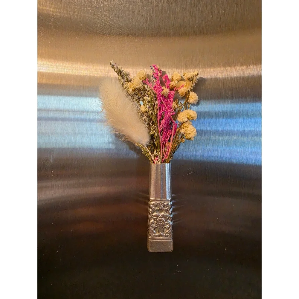VTG Silver Plate Magnetic Bud Vase with Dried Flowers Floral Refrigerator Art